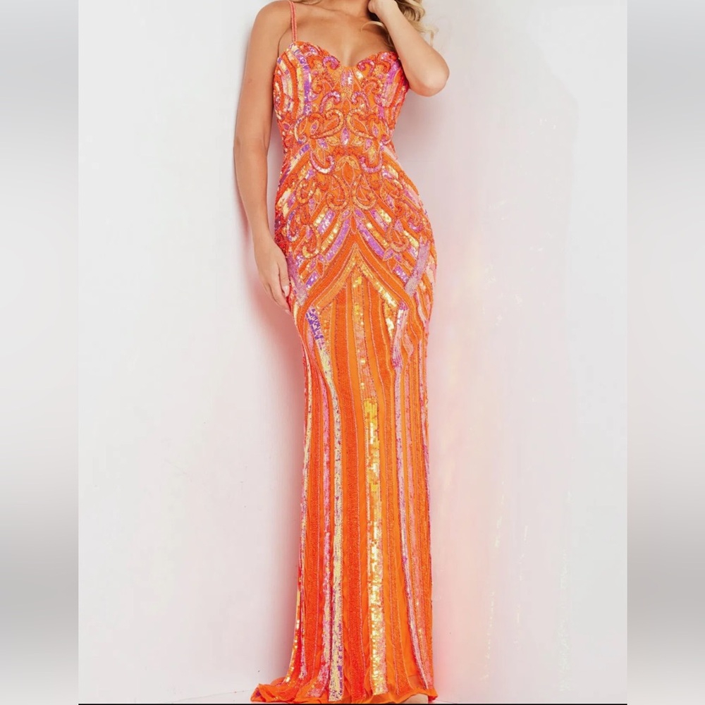 Jovani Orange Sequin Backless Gown for Prom